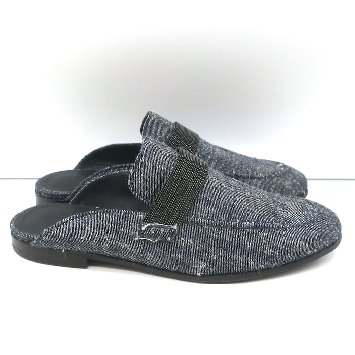 Brunello Cucinelli Monili Trim Denim Mules Blue Size 37 Flat Backless Loafers