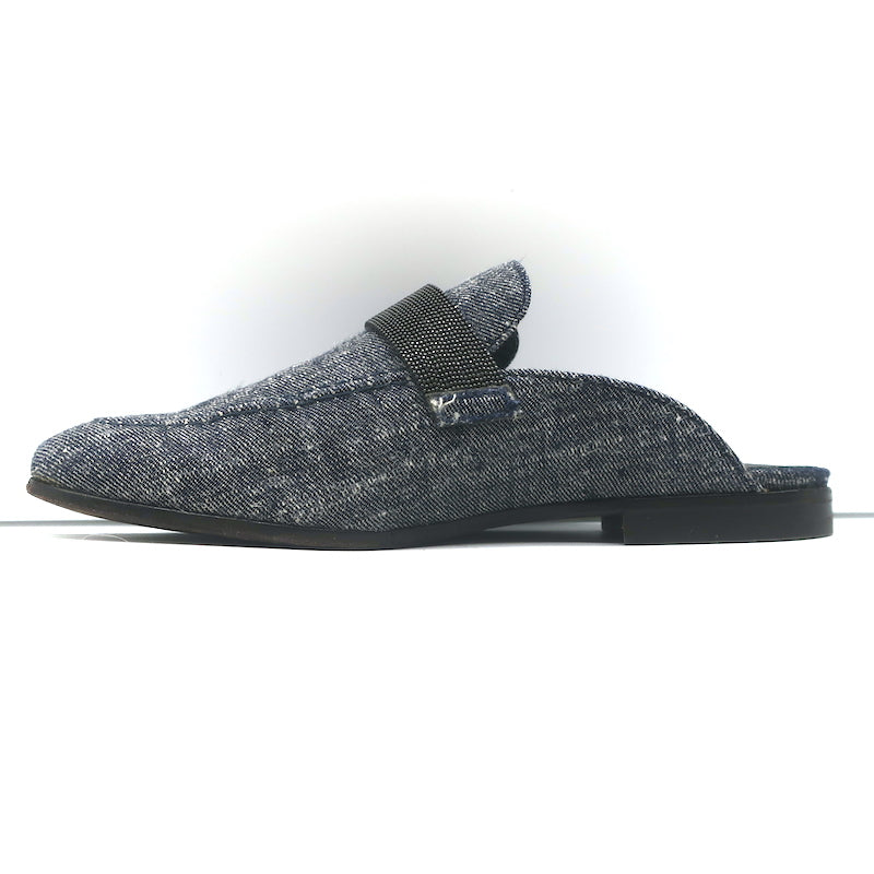 Brunello Cucinelli Monili Trim Denim Mules Blue Size 37 Flat Backless Loafers