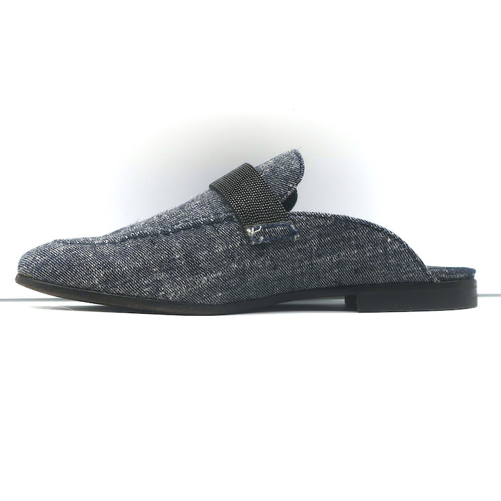 Brunello Cucinelli Monili Trim Denim Mules Blue Size 37 Flat Backless Loafers