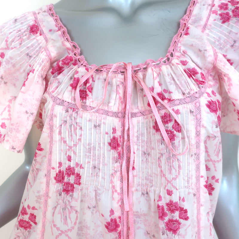 LoveShackFancy Midi Dress Sashi Pink Lace-Trim Floral Print Cotton Size Medium
