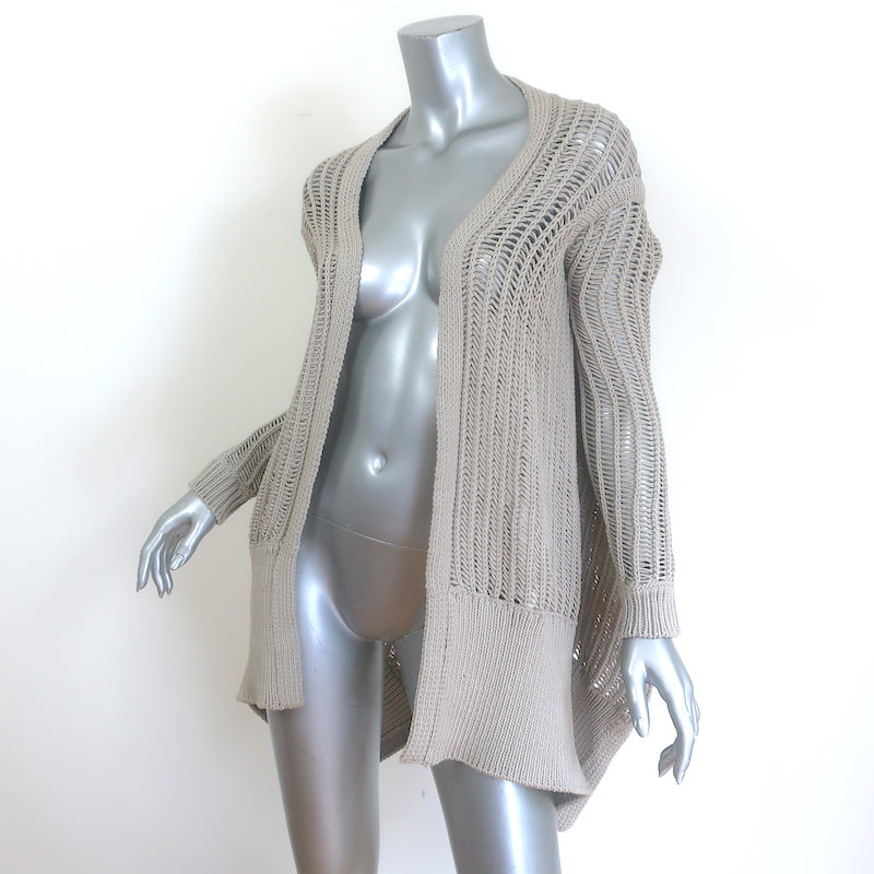 Authentic pre-owned Rick Owens asymmetric draped cardigan in pearl beige, cotton-nylon blend, US Small