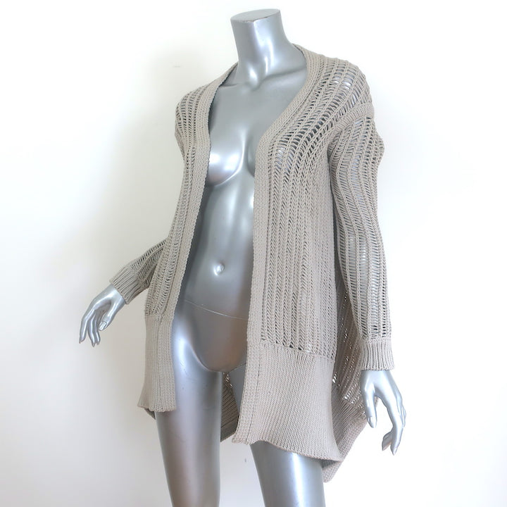 Authentic pre-owned Rick Owens asymmetric draped cardigan in pearl beige, cotton-nylon blend, US Small