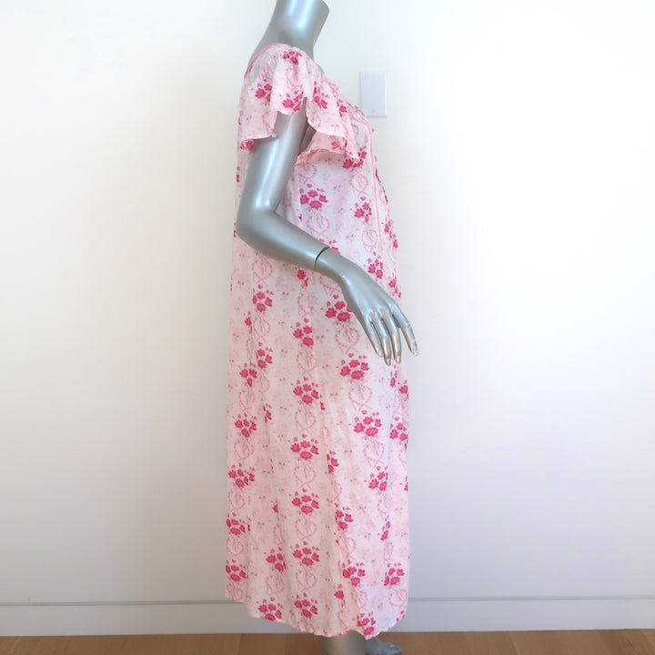 LoveShackFancy Midi Dress Sashi Pink Lace-Trim Floral Print Cotton Size Medium