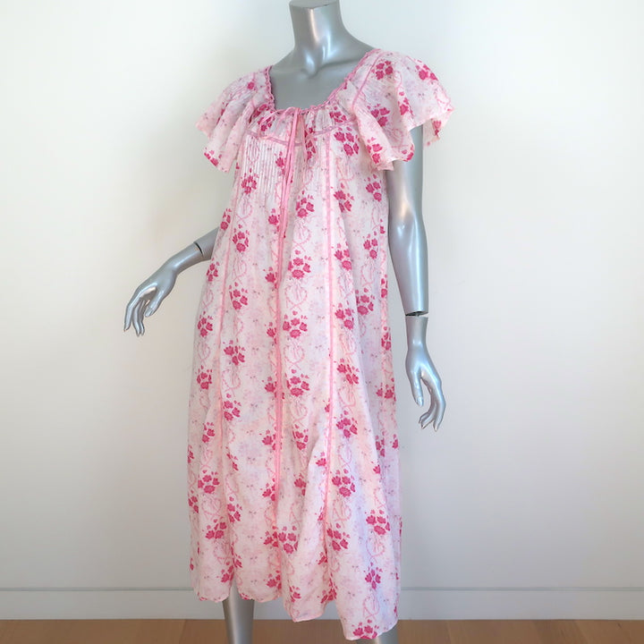 LoveShackFancy Midi Dress Sashi Pink Lace-Trim Floral Print Cotton Size Medium