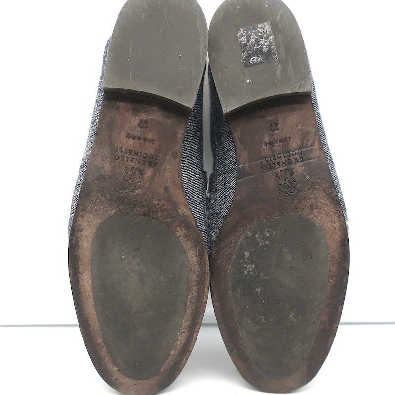 Brunello Cucinelli Monili Trim Denim Mules Blue Size 37 Flat Backless Loafers