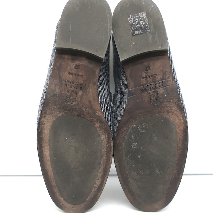 Brunello Cucinelli Monili Trim Denim Mules Blue Size 37 Flat Backless Loafers