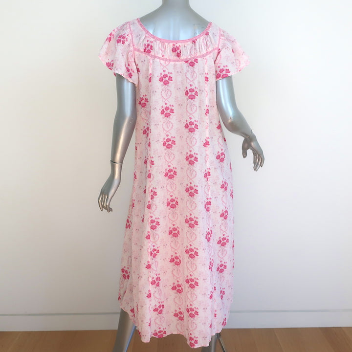 LoveShackFancy Midi Dress Sashi Pink Lace-Trim Floral Print Cotton Size Medium