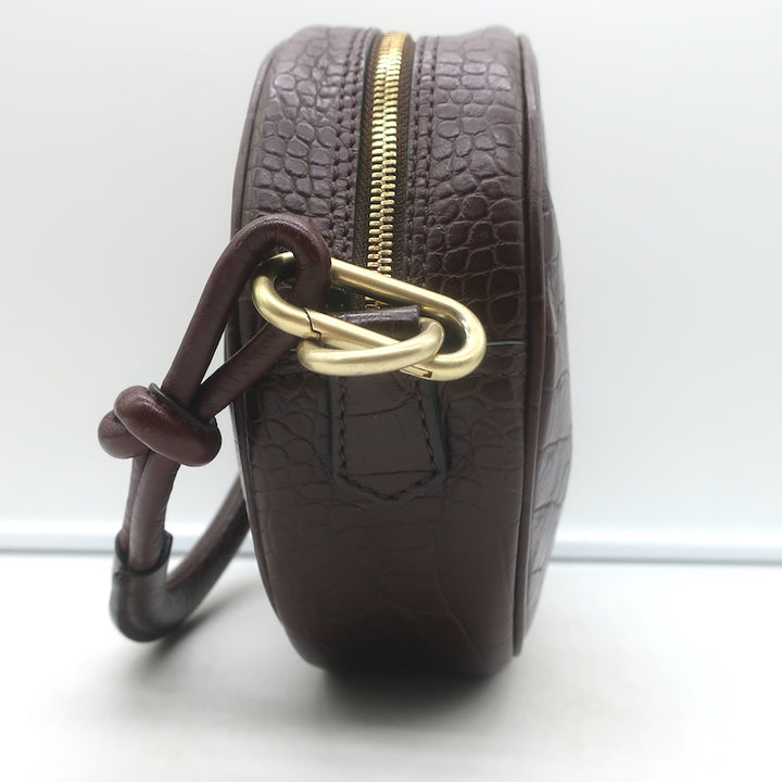 Vanessa Bruno Croc-Embossed Round Small Crossbody Bag Dark Brown Leather
