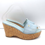 Chanel Denim Raffia Wedge Sandals Light Blue Size 37 Platform Slides
