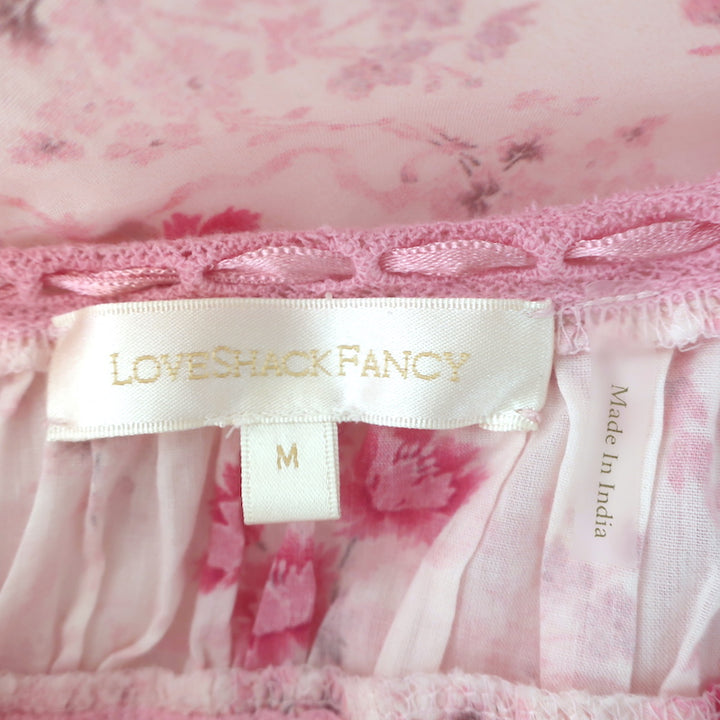 LoveShackFancy Midi Dress Sashi Pink Lace-Trim Floral Print Cotton Size Medium