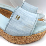 Chanel Denim Raffia Wedge Sandals Light Blue Size 37 Platform Slides