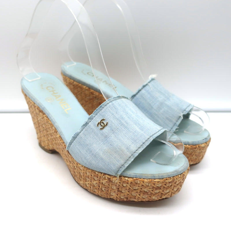Chanel Denim Raffia Wedge Sandals Light Blue Size 37 Platform Slides