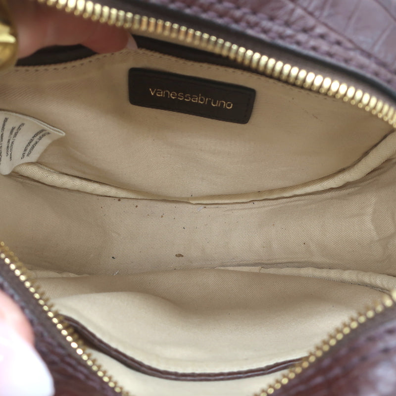 Vanessa Bruno Croc-Embossed Round Small Crossbody Bag Dark Brown Leather