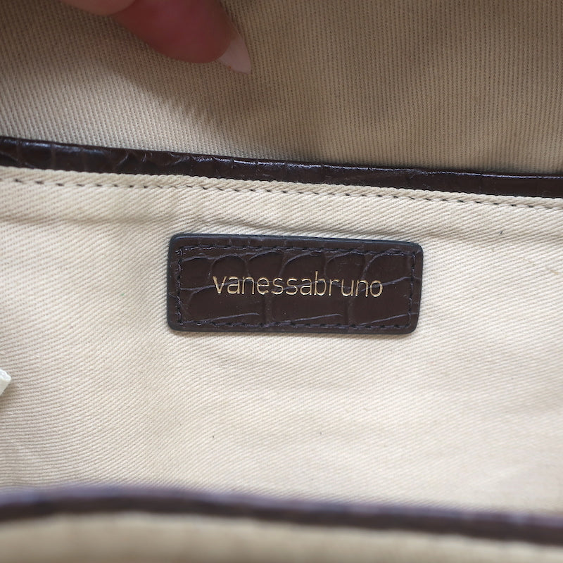 Vanessa Bruno Croc-Embossed Round Small Crossbody Bag Dark Brown Leather