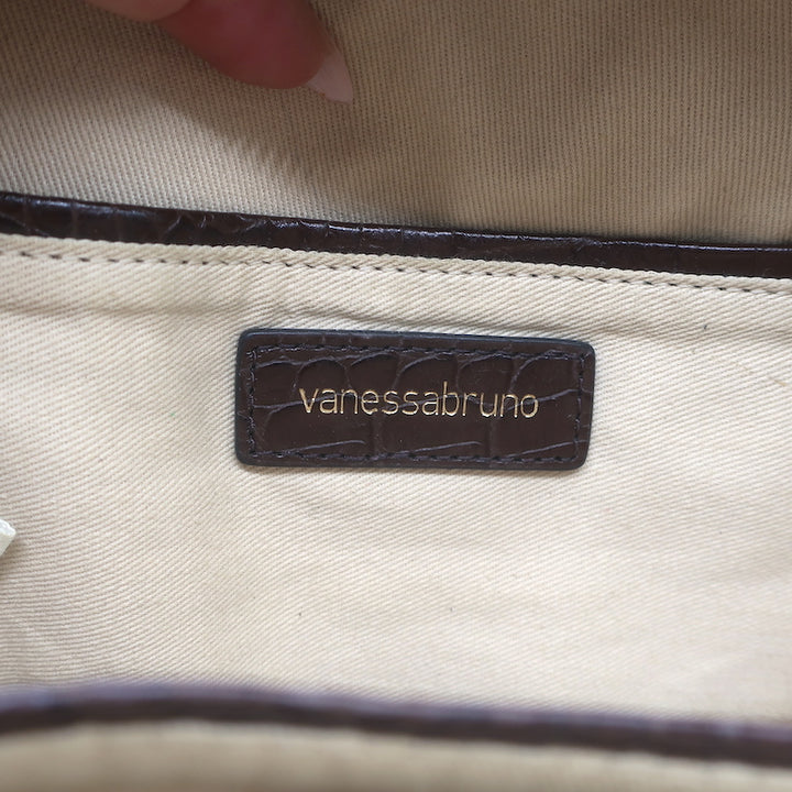Vanessa Bruno Croc-Embossed Round Small Crossbody Bag Dark Brown Leather