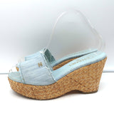 Chanel Denim Raffia Wedge Sandals Light Blue Size 37 Platform Slides
