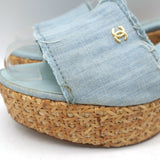 Chanel Denim Raffia Wedge Sandals Light Blue Size 37 Platform Slides