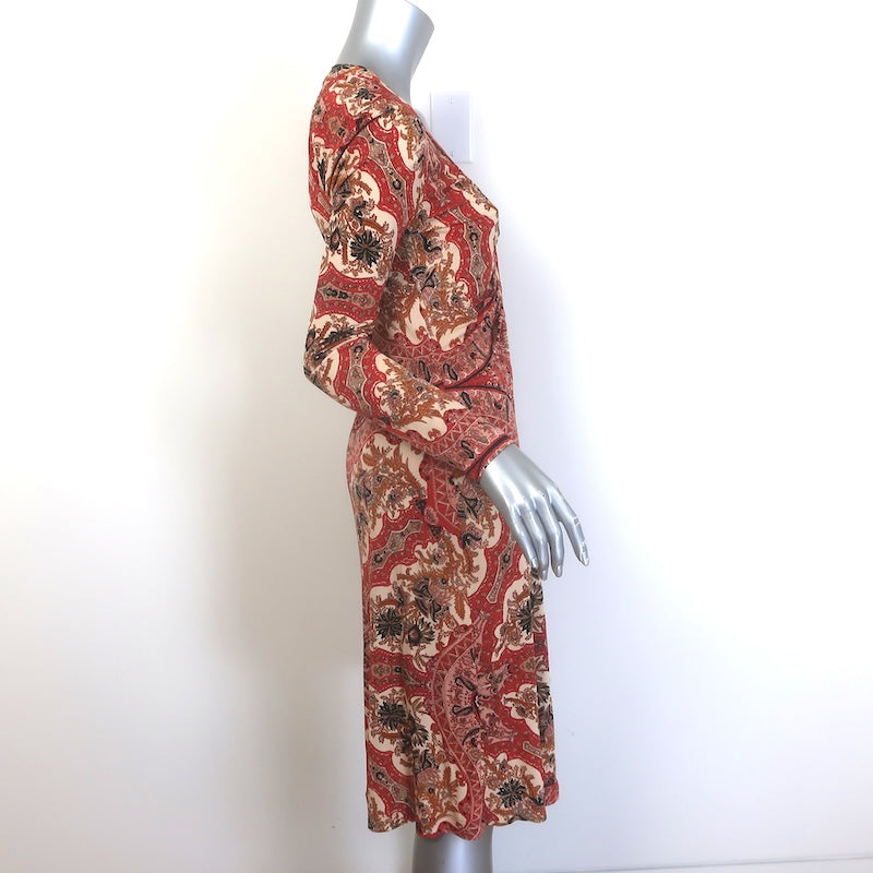 Etro Elba Long Sleeve Ruched Midi Dress Red Paisley Print Stretch Jersey Size 40