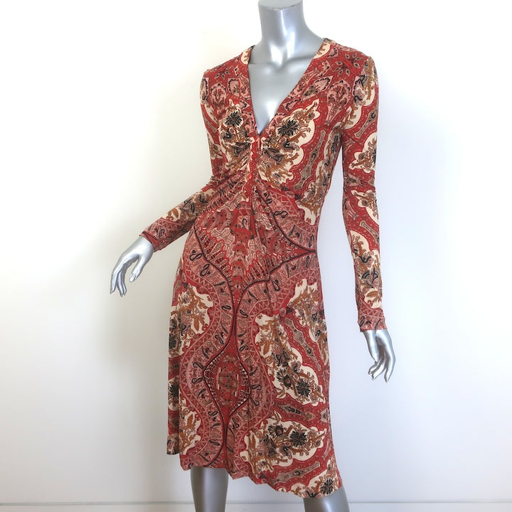 Etro Elba Long Sleeve Ruched Midi Dress Red Paisley Print Stretch Jersey Size 40