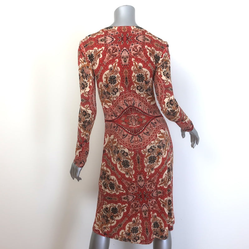 Etro Elba Long Sleeve Ruched Midi Dress Red Paisley Print Stretch Jersey Size 40