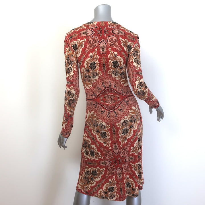 Etro Elba Long Sleeve Ruched Midi Dress Red Paisley Print Stretch Jersey Size 40