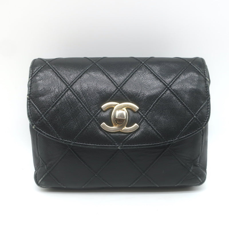 Vintage Chanel CC Turnlock Chain-Trimmed Quilted Mini Belt Bag Black Leather