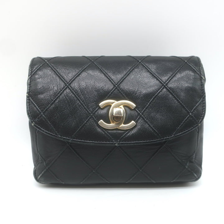 Vintage Chanel CC Turnlock Chain-Trimmed Quilted Mini Belt Bag Black Leather