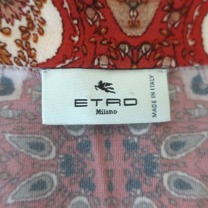 Etro Elba Long Sleeve Ruched Midi Dress Red Paisley Print Stretch Jersey Size 40