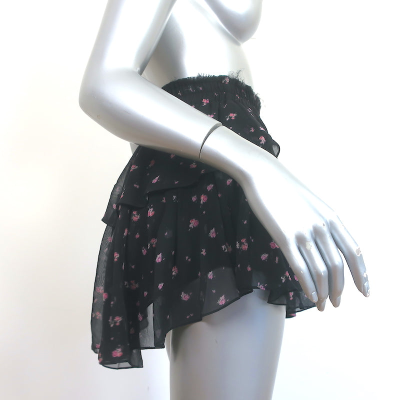 LoveShackFancy Ruffle Mini Skirt Black Floral Print Silk Size Extra Small
