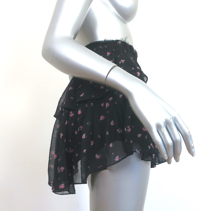 LoveShackFancy Ruffle Mini Skirt Black Floral Print Silk Size Extra Small