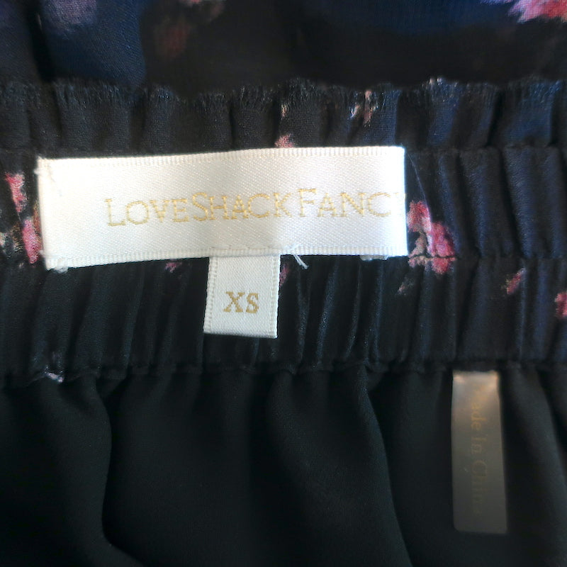 LoveShackFancy Ruffle Mini Skirt Black Floral Print Silk Size Extra Small
