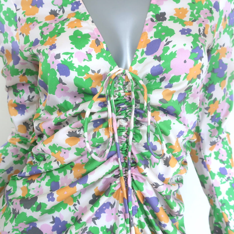Baum und Pferdgarten Aditri ruched floral dress in multi-color stretch silk, pre-owned authentic luxury.