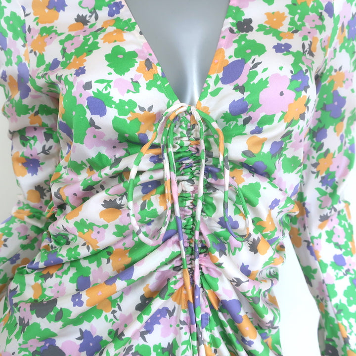 Baum und Pferdgarten Aditri ruched floral dress in multi-color stretch silk, pre-owned authentic luxury.