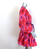 Rhode Ella ruffled mini dress in red-pink ikat cotton, authentic pre-owned, gently worn luxury piece, size small