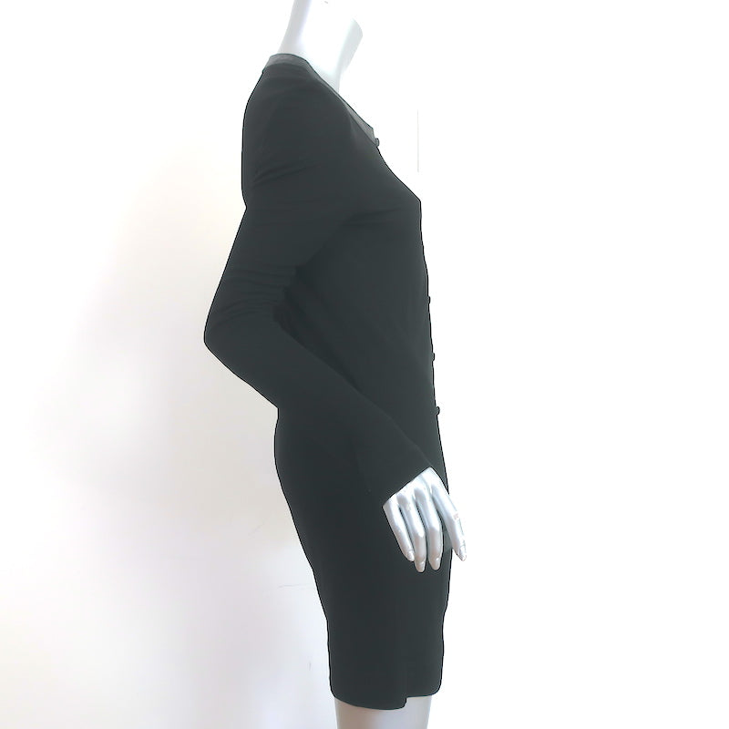 Balenciaga Button-Front Dress Black Leather-Trim Jersey Size 40 Long Sleeve Mini