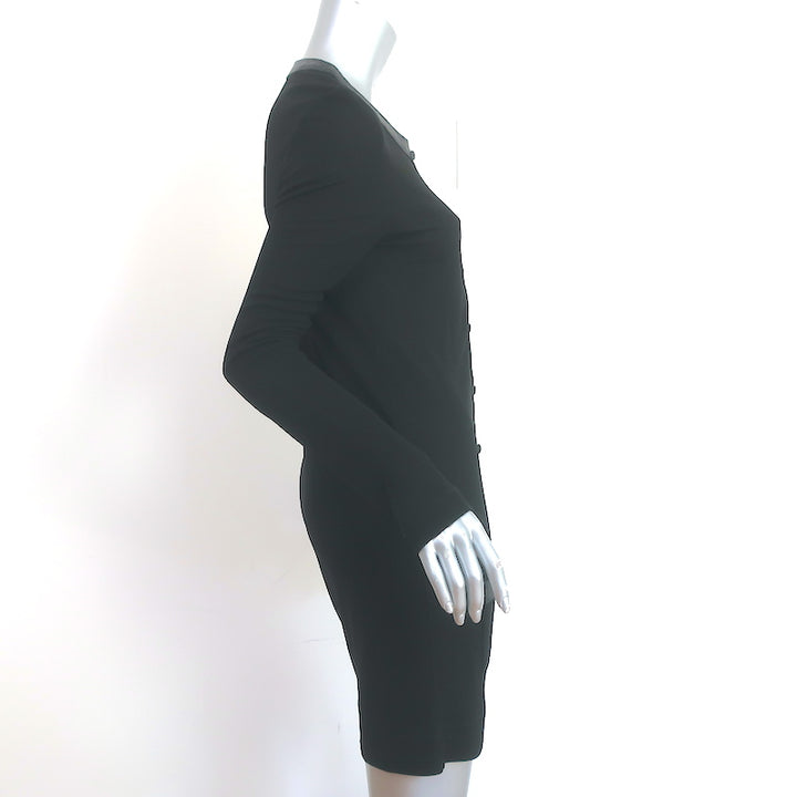 Balenciaga Button-Front Dress Black Leather-Trim Jersey Size 40 Long Sleeve Mini