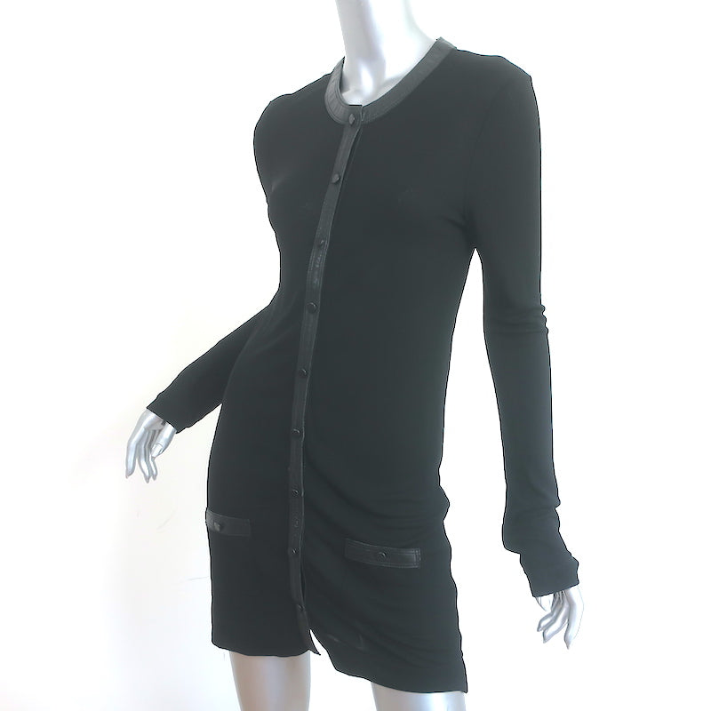 Balenciaga Button-Front Dress Black Leather-Trim Jersey Size 40 Long Sleeve Mini