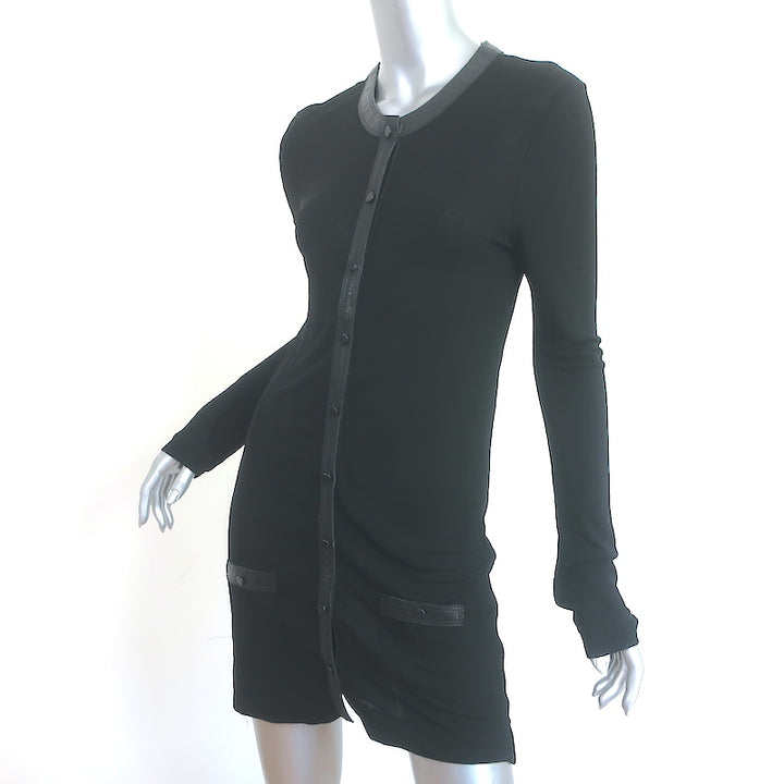 Balenciaga Button-Front Dress Black Leather-Trim Jersey Size 40 Long Sleeve Mini