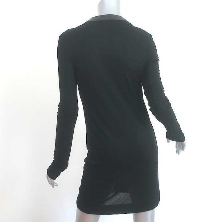 Balenciaga Button-Front Dress Black Leather-Trim Jersey Size 40 Long Sleeve Mini