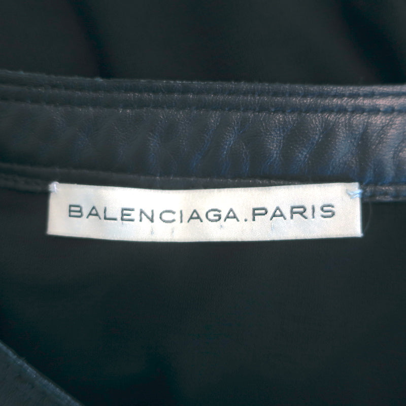 Balenciaga Button-Front Dress Black Leather-Trim Jersey Size 40 Long Sleeve Mini