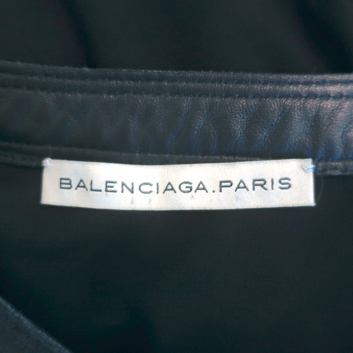 Balenciaga Button-Front Dress Black Leather-Trim Jersey Size 40 Long Sleeve Mini