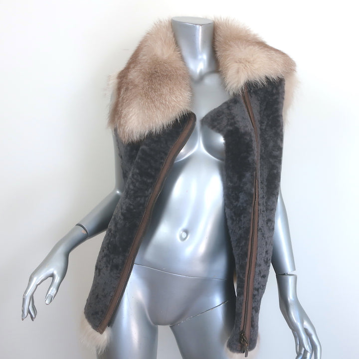 Brunello Cucinelli Fox Fur-Collar Shearling Vest Dark Gray Size 42