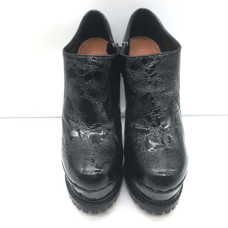 Alaia Croc-Embossed Patent Leather Platform Booties Black Size 38.5