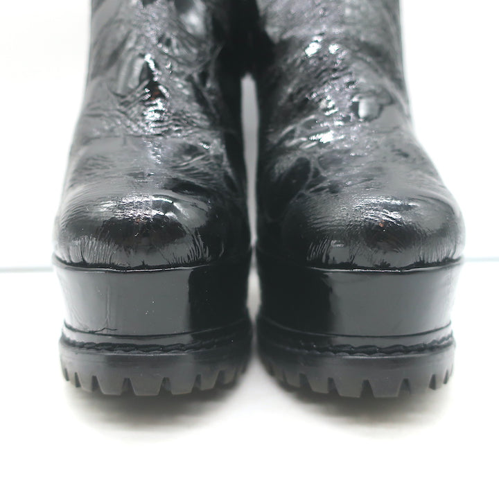 Alaia Croc-Embossed Patent Leather Platform Booties Black Size 38.5