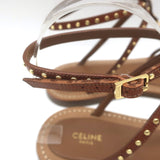 Celine Taillat Triomphe Studded T-Strap Sandals Brown Leather Size 40