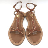 Celine Taillat Triomphe Studded T-Strap Sandals Brown Leather Size 40