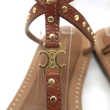 Celine Taillat Triomphe Studded T-Strap Sandals Brown Leather Size 40