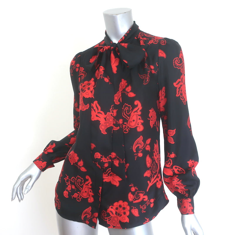 Tory Burch silk bow blouse, black and red paisley, authentic pre-owned long-sleeve top, size 2