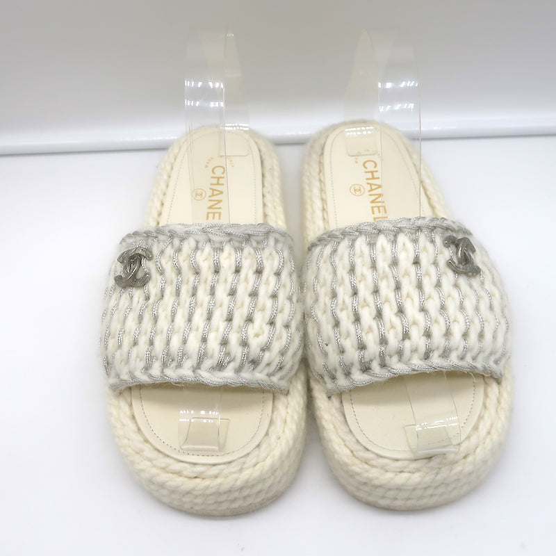 Chanel 22C Braided Knit Slides Cream/Silver Size 37C Flatform Sandals –  Celebrity Owned