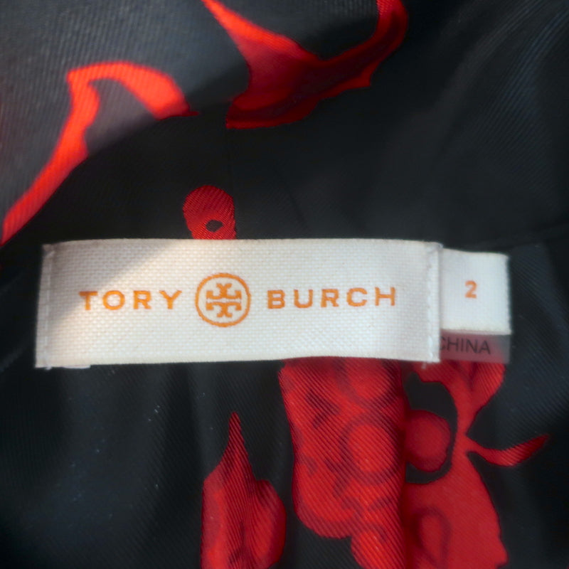 Tory Burch authentic silk bow blouse in black and red paisley, long sleeve, size 2, pre-owned, gently worn
